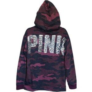 Victorias Secret Pink Camo Sequin Logo Hoodie With Sherpa-Lined Hood Size M